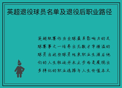 英超退役球员名单及退役后职业路径